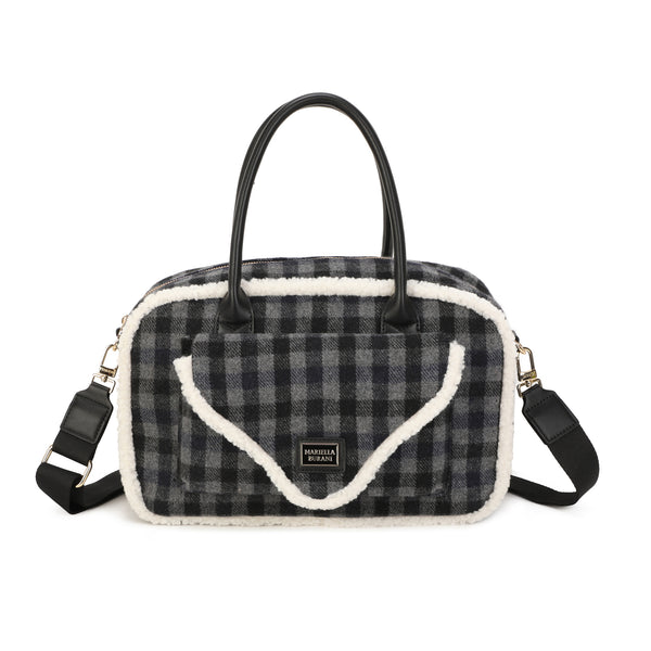 Borsa a mano e tracolla in tessuto tartan e pelliccia ecologica MB6340