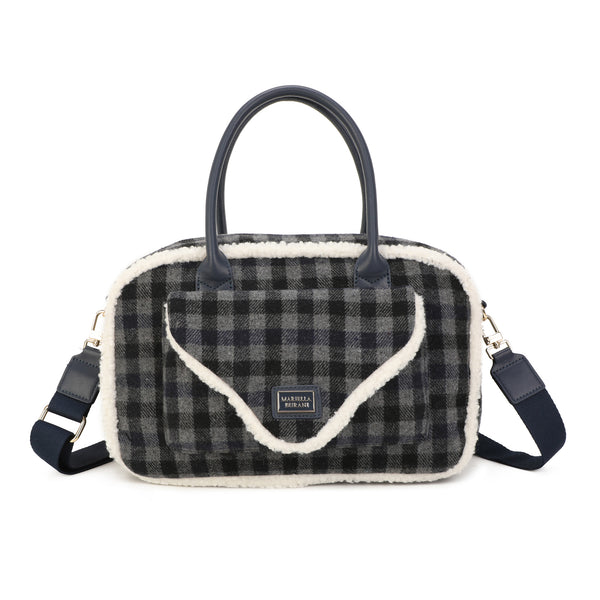 Borsa a mano e tracolla in tessuto tartan e pelliccia ecologica MB6340