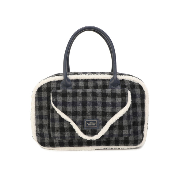 Borsa a mano e tracolla in tessuto tartan e pelliccia ecologica MB6340