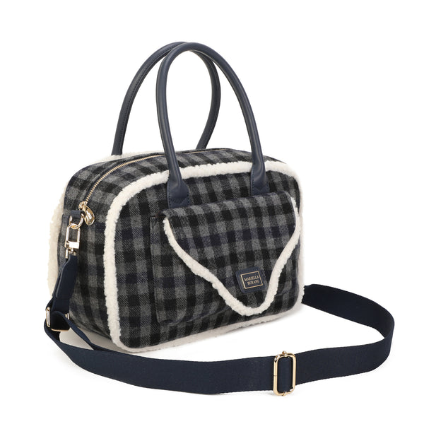 Borsa a mano e tracolla in tessuto tartan e pelliccia ecologica MB6340
