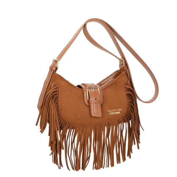 Borsa hobo a tracolla in ecopelle scamosciata con frange VC7093