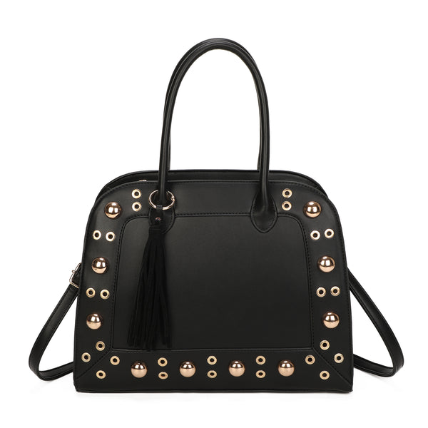 Borsa bauletto in ecopelle con borchie e occhielli e charm frangia 2279