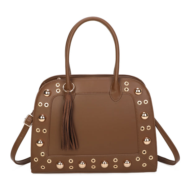 Borsa bauletto in ecopelle con borchie e occhielli e charm frangia 2279