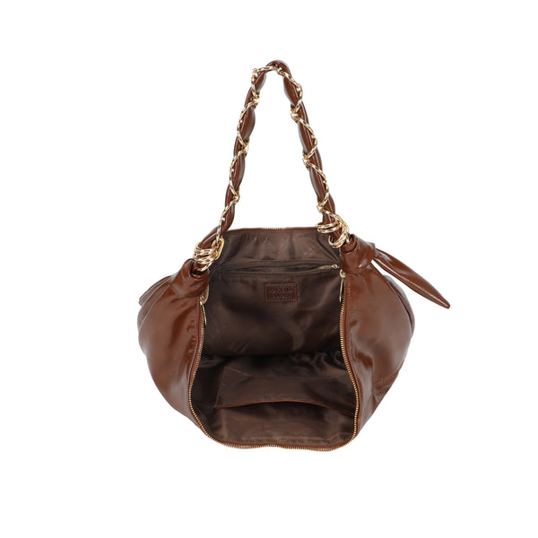 Borsa croissant mezzaluna Mariella Burani in ecopelle lucida invecchiata manico intreccio metallico MB029