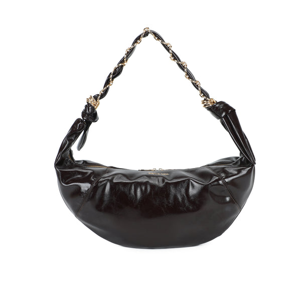 Borsa croissant mezzaluna Mariella Burani in ecopelle lucida invecchiata manico intreccio metallico MB029