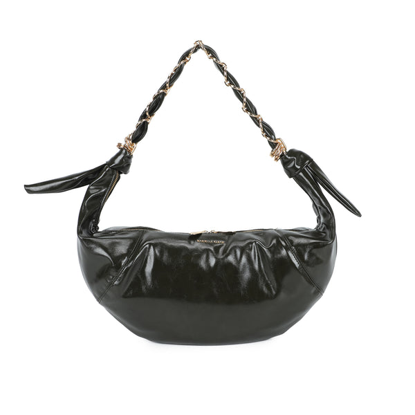 Borsa croissant mezzaluna Mariella Burani in ecopelle lucida invecchiata manico intreccio metallico MB029