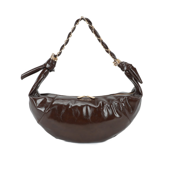 Borsa croissant mezzaluna Mariella Burani in ecopelle lucida invecchiata manico intreccio metallico MB029