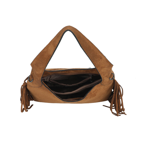 Borsa spalla Mariella Burani in ecopelle camoscio con frange e tracolla intrecciata MB5002