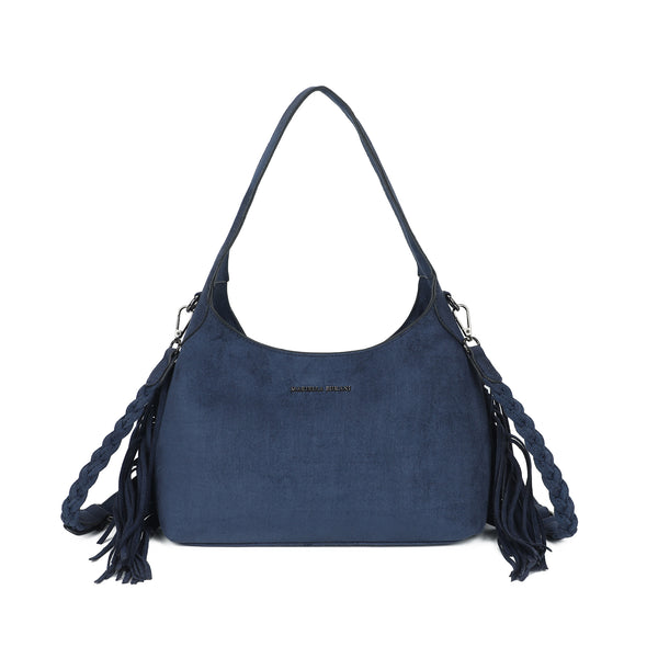 Borsa spalla Mariella Burani in ecopelle camoscio con frange e tracolla intrecciata MB5002