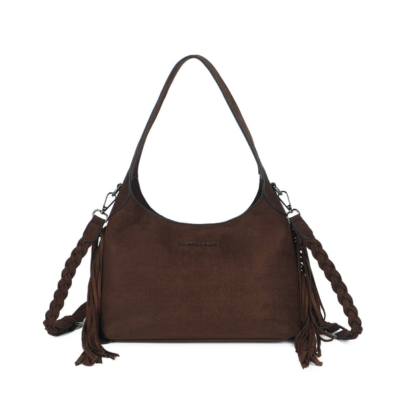Borsa spalla Mariella Burani in ecopelle camoscio con frange e tracolla intrecciata MB5002