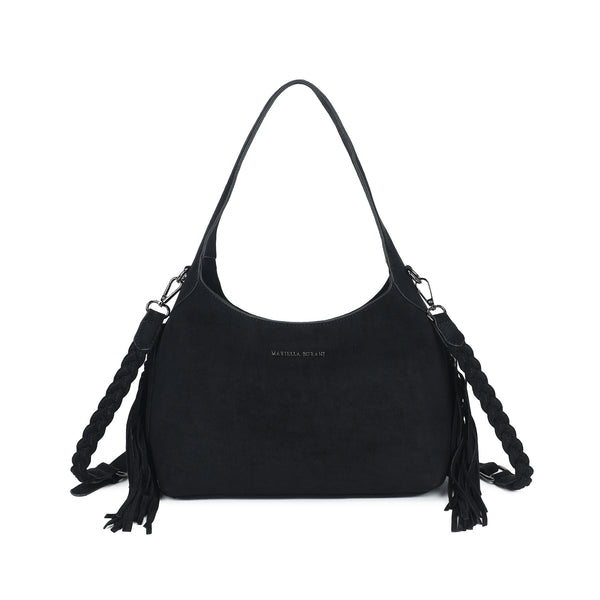 Borsa spalla Mariella Burani in ecopelle camoscio con frange e tracolla intrecciata MB5002