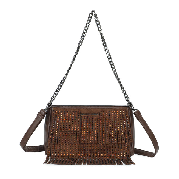 Borsa a tracolla in ecopelle liscia con frange e lustrini Mariella Burani MB5005