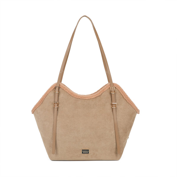 Borsa shopper a spalla in ecopelle scamosciata e teddy MB053