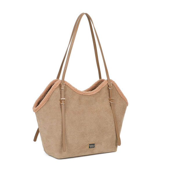 Borsa shopper a spalla in ecopelle scamosciata e teddy MB053