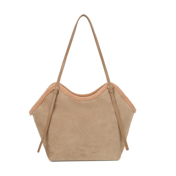 Borsa shopper a spalla in ecopelle scamosciata e teddy MB053