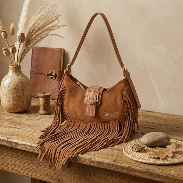 Borsa hobo a tracolla in ecopelle scamosciata con frange VC7093