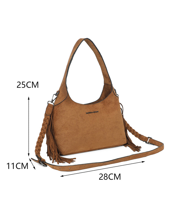 Borsa spalla Mariella Burani in ecopelle camoscio con frange e tracolla intrecciata MB5002
