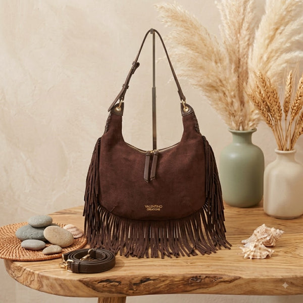 Borsa hobo a spalla in ecopelle scamosciata con frange Valentino Creations VC7089
