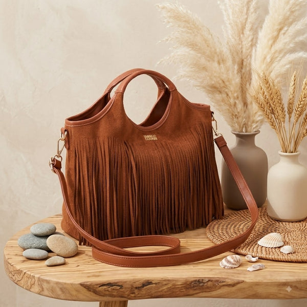 Borsa a mano in ecopelle scamosciata con frange EC6331