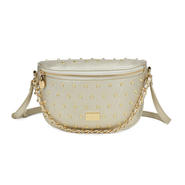 Marsupio in ecopelle con borchiette in metallo e manico in catena/ecopelle intrecciata MB017