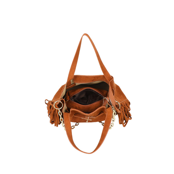 Borsa a mano e spalla in ecopelle scamosciata con frange e tracolla a catena Valentino Creations VC7088