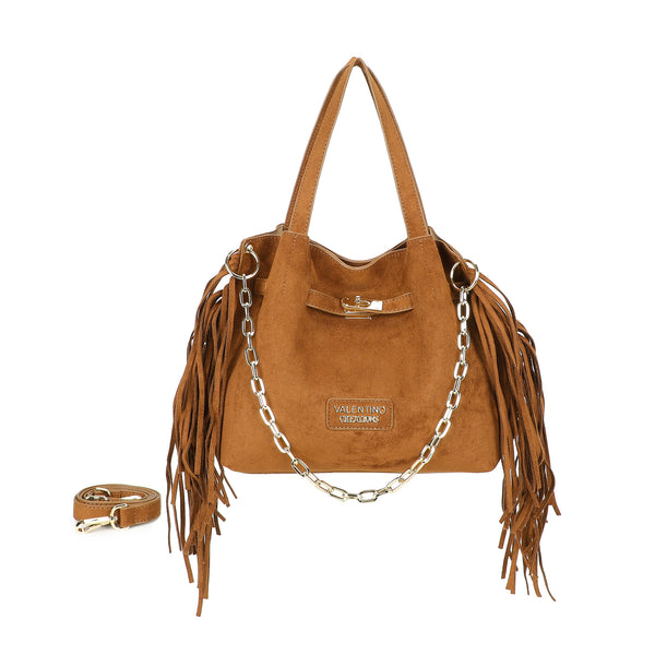 Borsa a mano e spalla in ecopelle scamosciata con frange e tracolla a catena Valentino Creations VC7088