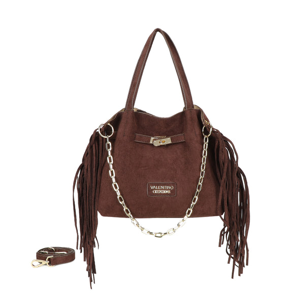 Borsa a mano e spalla in ecopelle scamosciata con frange e tracolla a catena Valentino Creations VC7088