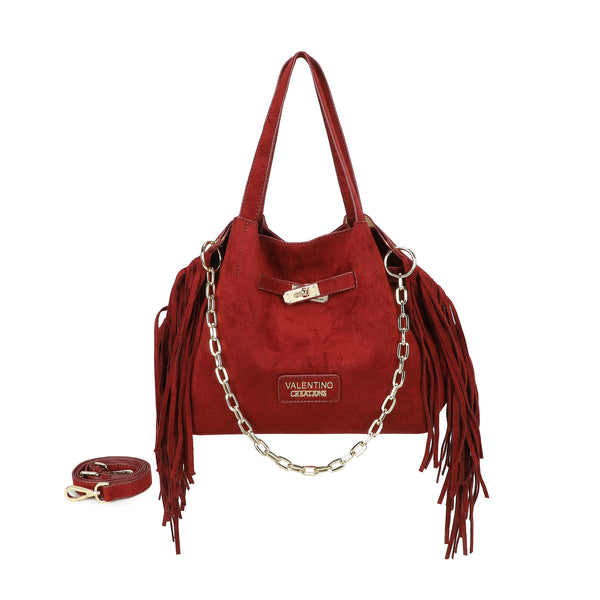 Borsa a mano e spalla in ecopelle scamosciata con frange e tracolla a catena Valentino Creations VC7088