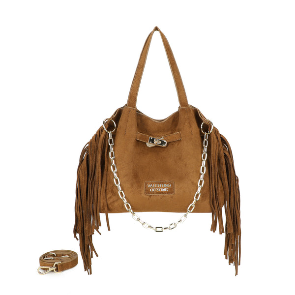Borsa a mano e spalla in ecopelle scamosciata con frange e tracolla a catena Valentino Creations VC7088