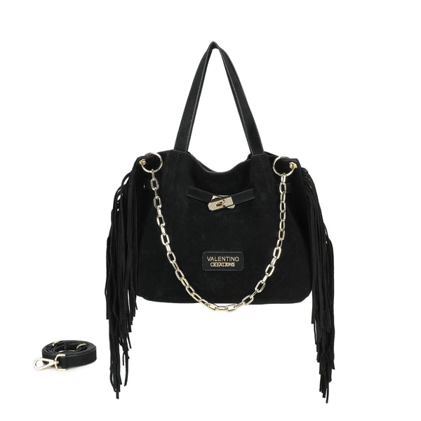 Borsa a mano e spalla in ecopelle scamosciata con frange e tracolla a catena Valentino Creations VC7088